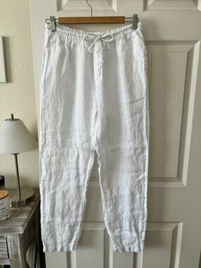White Linen Pants Elastic Waist Drawstring Made in Italy Relaxed Cropped M